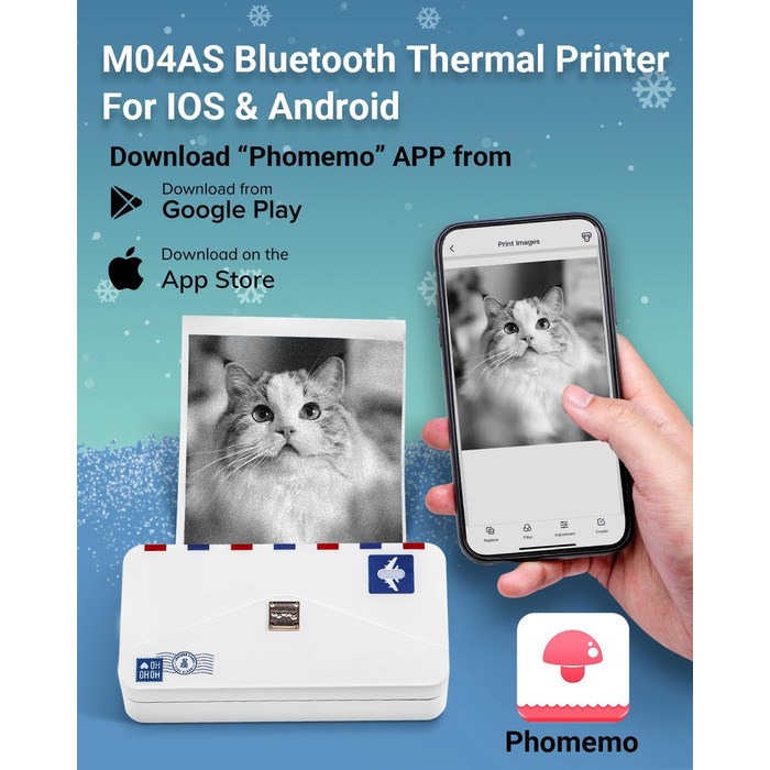 Phomemo Mini Drucker M04AS: компактний термальний принтер з Bluetooth для iOS та Android, 15/53/80/110 мм ширина друку, 300DPI, для документів, фото, етикеток