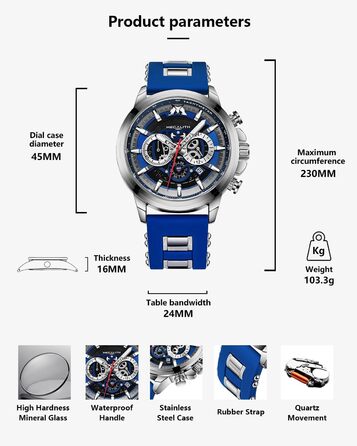 MEGALITH Годинник чоловічий Хронограф: Водонепроникні годинники з датою та світловим покриттям. Великі кварцові годинники для спортивних чоловіків, синій колір. Подарунок для чоловіків.