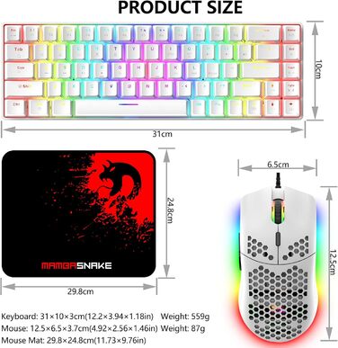 Ігровий комплект клавіатури та миші RGB, 68 клавіш, Red Switch, 60% механічна клавіатура, миша 6400DPI, USB-кабель, сумісна з Windows, Mac, PS4, білий колір