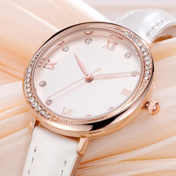 Жіночий класичний кварцовий годинник NUOVO Rose Gold з білим шкіряним ремінцем та кристалами на безелі