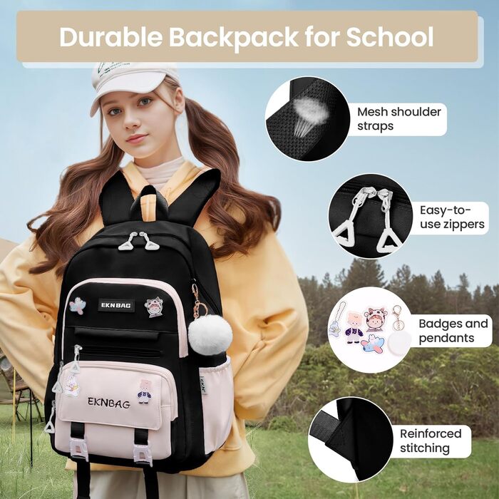 Шкільний рюкзак Tanou для дівчаток, підлітків, 3-7 клас, велика місткість, легкий нейлон, чорний