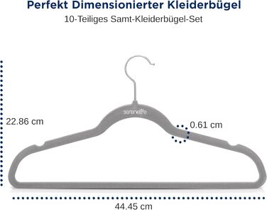 Плечики для одягу SereneLife 10 шт. з оксамиту – економія місця, неслизькі, поворотний гачок 360°, для зберігання та організації одягу, сірі