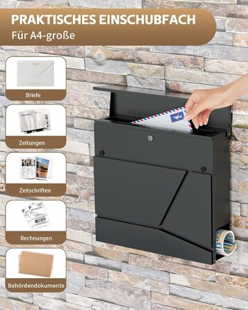 Поштовий ящик Edestahl Anthrazit з газетницею (37x37x10 см), персоналізований з табличкою для імені, вуличний, захист від реклами