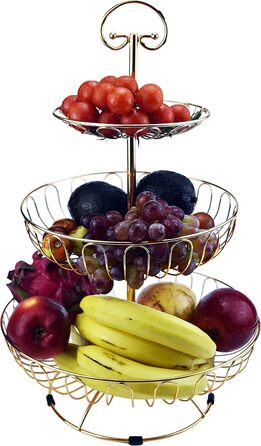 Металевий кошик для фруктів та овочів з ручкою - 3 яруси, великий, з нержавіючої сталі, з циркуляцією повітря (45 см, Ø30-24-16.5 см), золотий