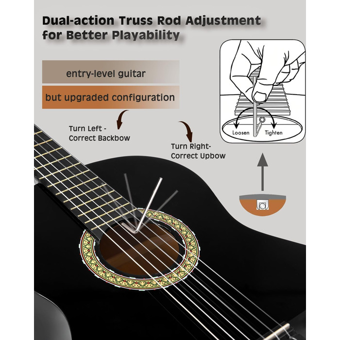 Класична гітара Winzz 4/4 для дорослих та дітей (від 11 років), набір для початківців - Чорний глянцевий (39 дюймів)