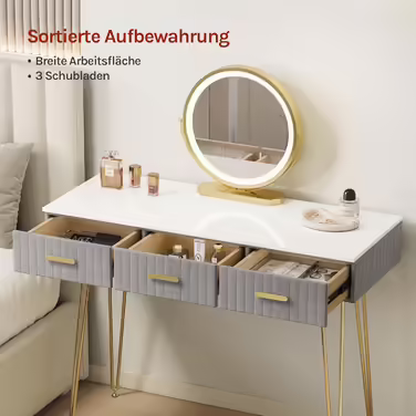 WOLTU Vanity Table with Mirror and Stool, Dressing Table with 3 Drawers Made of Solid Wood, Large High-Gloss Tabletop, Modern Cosmetic Table from Velvet and Metal, White, MB6080gr (Grey, 100x40cm with LED Lighting)
