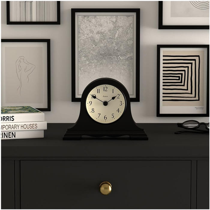 JONES CLOCKS® Speakeasy Table Clock | Classic Napoleon Hat Design | Black | Contemporary classic style for desk, table, shelf, or nightstand