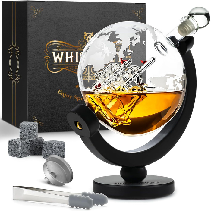 Whisky Carafe Set - Whiskey Gift Set - Gifts for Men - Men's Gifts Gift - Birthday Gift for Men - Globe Decanter 900ML, Gift Box, 4 Whiskey Stones