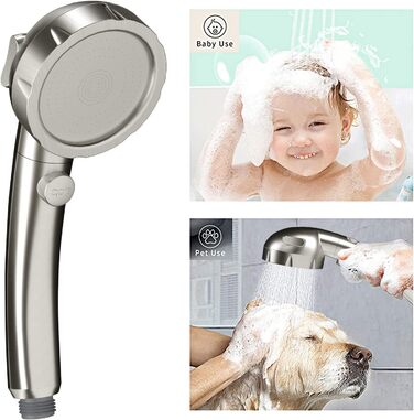 KAIYING Drill-Free High-Pressure Handheld Showerhead with ON/OFF Pause Switch, 3 Spray Modes, Water-Saving Showerhead, Detachable Puppy Shower Accessory (M: Showerhead + Holder + Hose) (Brushed Nickel)