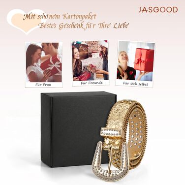 Жіночий шкіряний ремінь JasGood з камінням, в стилі вестерн, ковбойський, з заклепками, для джинсів та штанів (Золотий, 115 см, підходить для розміру 81-95 см)