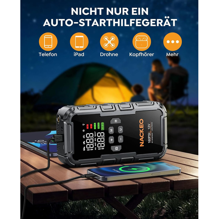 Powerbank для автомобіля з компресором 160PSI та пусковим струмом 12V (бензин/до 12L дизель) з LED-ліхтарем та LCD-дисплеєм