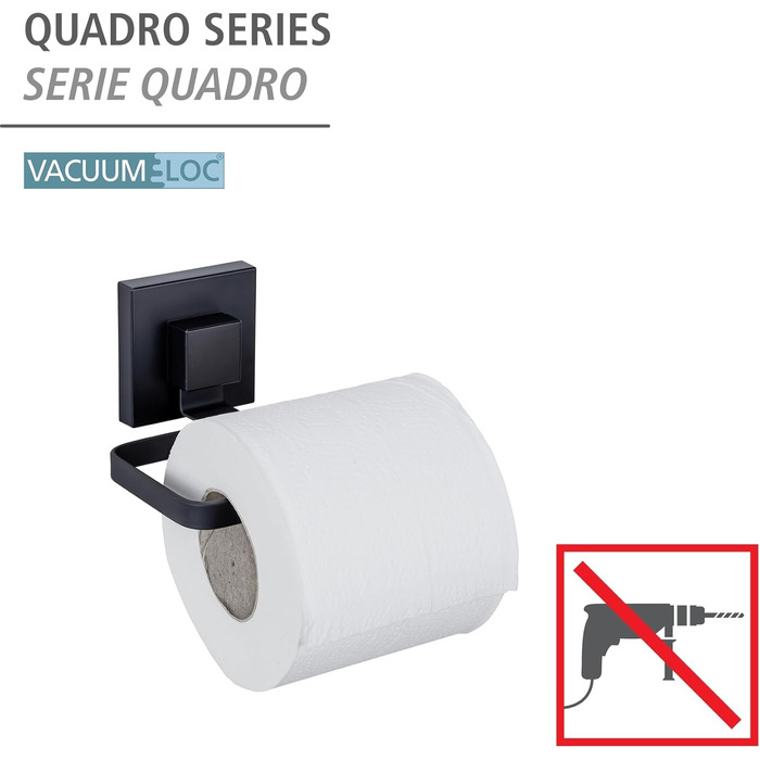 Тримач для туалетного паперу WENKO Vacuum-Loc Quadro на стіну без свердління, нержавіюча сталь, чорний, 14 x 6 x 11 см