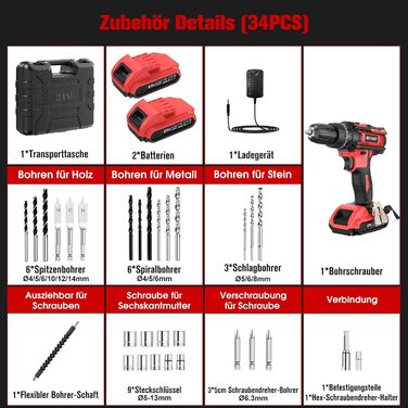 Акумуляторний дриль-шуруповерт BETENST 21V з 2 акумуляторами 2.0Ah, 42Nm, 25+3 ступені крутного моменту, 2 швидкості, LED-підсвічування, 30-ти елементний набір для дому, саду та DIY проектів