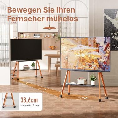 Підставка для телевізора ECOTINY на колесах для 49-75 дюймів, до 40 кг, Easel Design, металева конструкція та полиця з дерева, чорна