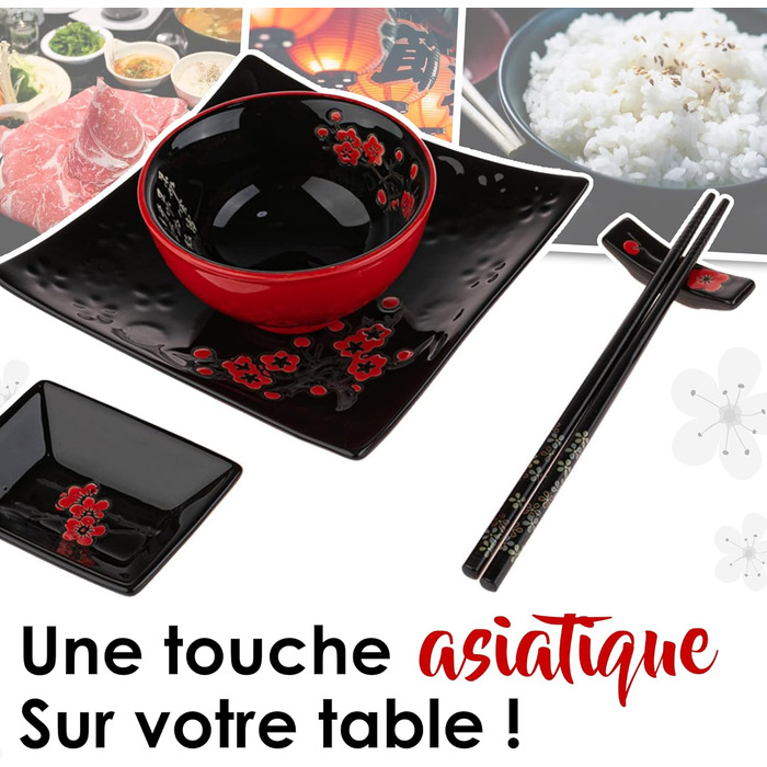 Японський набір для суші: 2 тарілки, палички, підтарілки з порцеляни з квітковим візерунком. Ідеальний подарунок