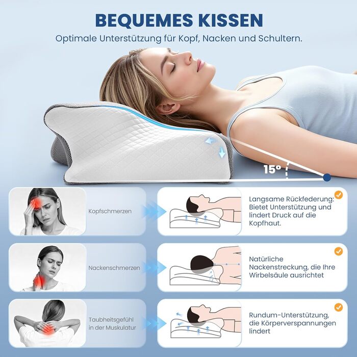 Ортопедична подушка A-Pce з Memory Foam для шиї, спини та плечей. Підходить для сну на боці, спині та животі. Сіро-білий колір