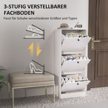 HOMCOM Shoe Cabinet with 3 Flaps, Shoe Storage Bench, Shoe Rack with Adjustable Partition, Narrow Shoe Chest for 12 Pairs of Shoes, 47 x 28 x 115 cm, White | Aosom