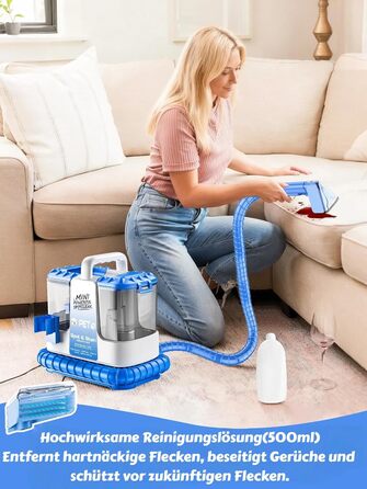 Портативний мийник для м'яких меблів, 600W, 16Kpa, 500мл розчин, 5 насадок. Для диванів, килимів, авто, сходи. Легкий, компактний, блакитний.