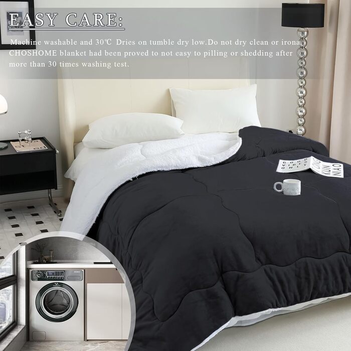 CHOSHOME Плед пухнастий, теплий, фланелевий, мікрофібра, 230x270 см (Чорний)