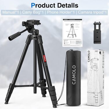 Штатив для камери CAMOLO 67' з сумкою: для фото та відеозйомки, YouTube, Vlogging, DSLR, Android, iPhone