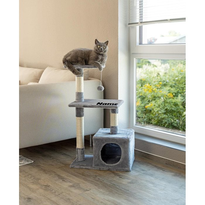 Cat Scratching Post with Cave and Plush Ball including Bell, Height 85 cm, Cat Tree with Sisal & Plush, Cozy Lounging Areas & Cave, Suitable for Small & Large Cats, (Light Gray (with name tag))