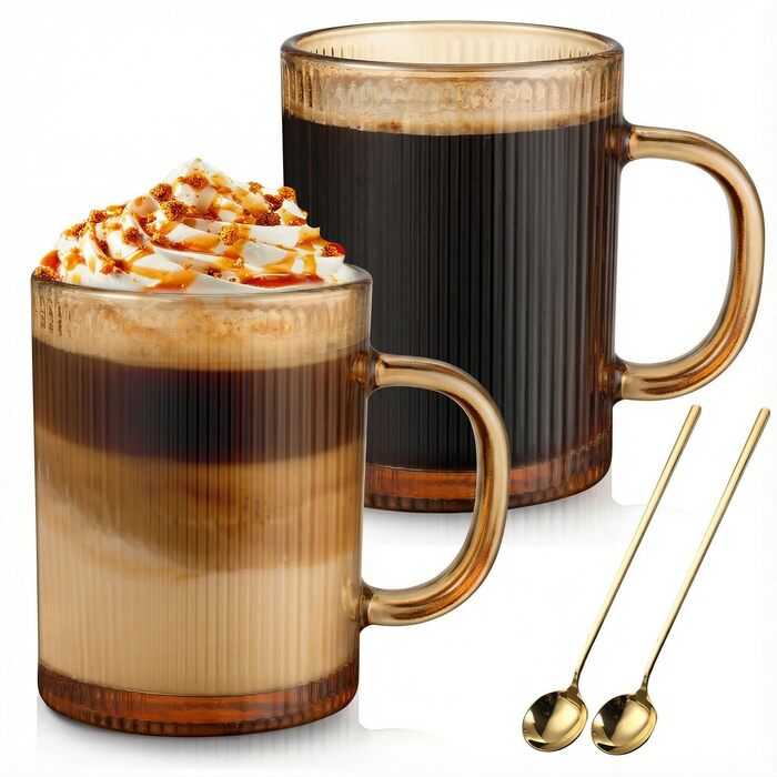 Набір кавових чашок 4шт, 350мл, для капучіно/лате макіато, з ложками, золоті. Чашки для еспресо, лате, капучіно, напоїв, чаю, кави