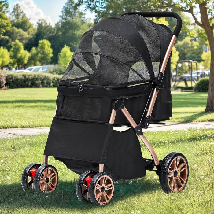 Візок для собак DWVO 3-в-1: візок, переноска, сумка для транспортування. Підходить для собак та котів до 22 кг. Зручний, складаний, з міцними EVA-колесами, кошиком та сітковими віконцями. Розміри: 58,5x76x105 см. Чорний колір.