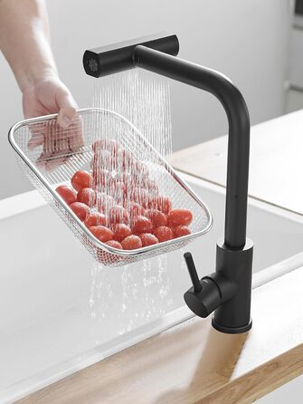 Чорний кухонний змішувач водопровідний з висувною лійкою та душем, 360° обертання, одноlever, матовий чорний