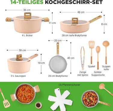 Набір посуду NutriChef Topfset 14 предметів для індукції, рожевий – керамічне антипригарне покриття, знімні ручки, скляні кришки