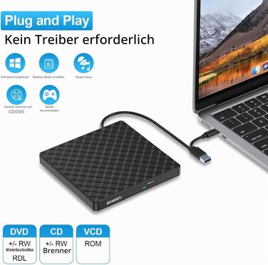 Зовнішній DVD-привід BENEWY USB 3.0 та USB-C, CD/DVD гравер для ноутбука та ПК (Windows, macOS, Linux)