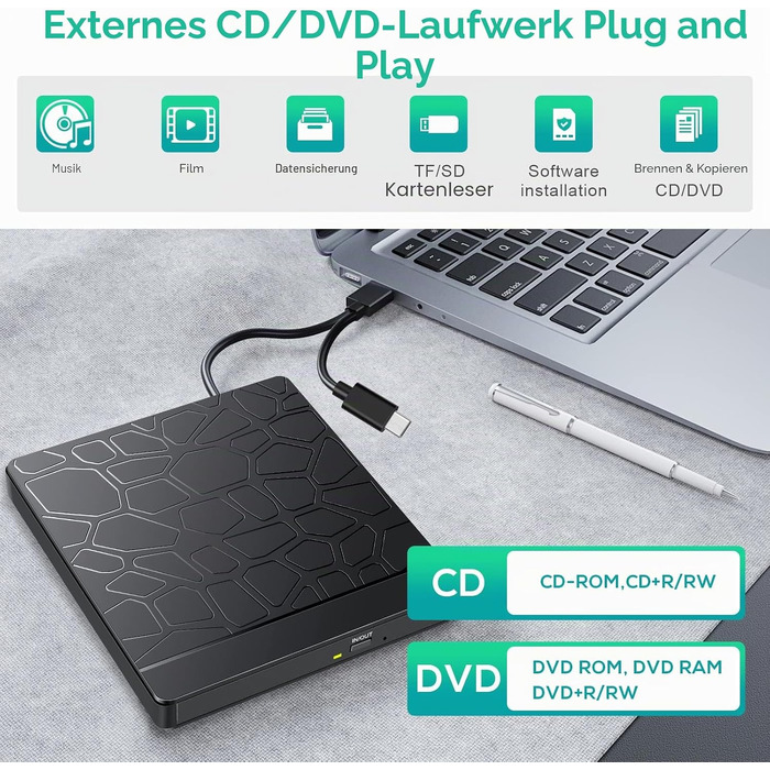 Зовнішній CD/DVD-привід Labtec для ноутбука Windows 11/10, USB 3.0 та Type-C, з картридером SD/TF та USB-хабом, портативний DVD-брунер