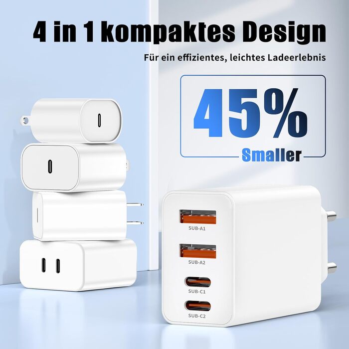 Зарядний пристрій USB-C 100W, 6 портів: для iPhone 17/16/15/14/13 Pro Max, iPad Pro, Samsung Galaxy S25/S24 - Pius (білий)