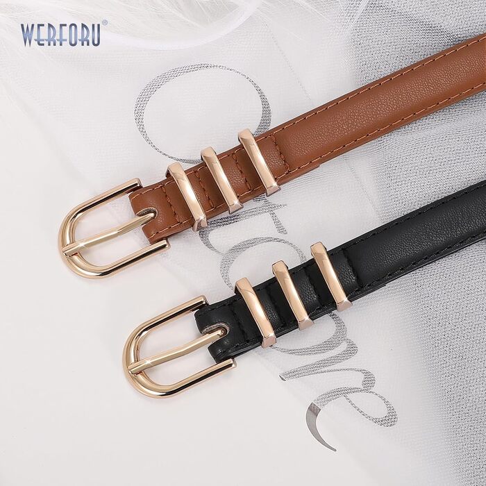 Жіночі шкіряні ремені WERFORU (2 шт.) для джинсів та штанів. Тонкий ремінь з золотою пряжкою. Довжина 110 см, підходить на талію 80-92 см (чорний+коричневий)