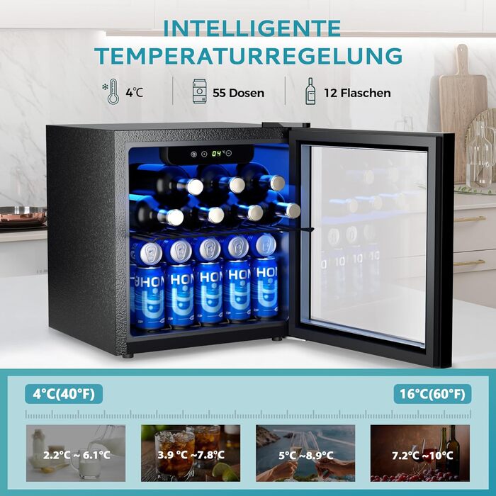 Міні-холодильник EUHOMY для напоїв на 55 банок, чорний, 36L, з дверцятами з прозорого скла, LED-підсвітка, тихий (43dB), для офісу, кімнати, бару
