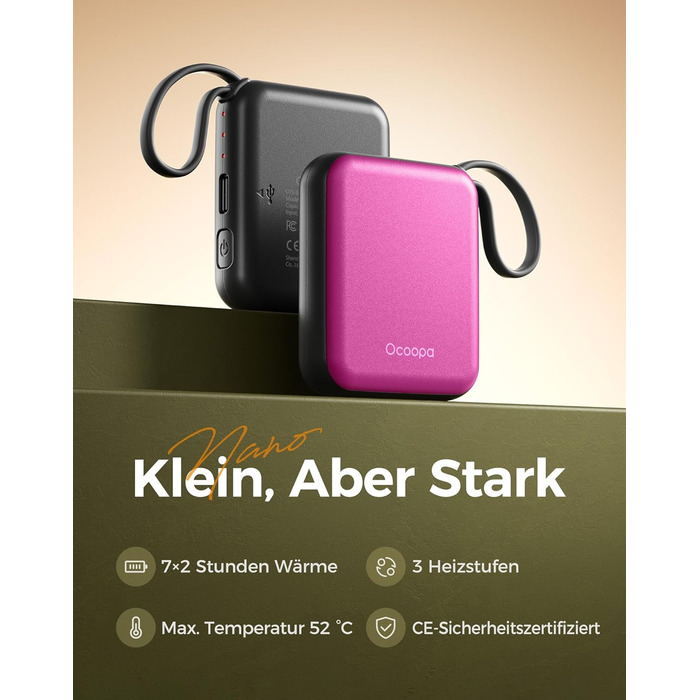 Електричні грілки для рук Ocoopa 2 шт. з акумулятором 4000mAh, USB, 3 режими нагріву, до 52°C, подарунок на Новий Рік, для зими, катання на лижах, подорожей та активного відпочинку, UT5 Nano Wiesengeflüster (Ocoopa x Künstleredition) (Рожевий)