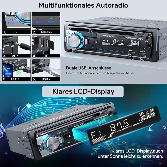 Автомагнітола CENXINY 1 DIN з Bluetooth, CD, RDS, FM/MP3, 2 USB для музики та зарядки, гучний зв'язок