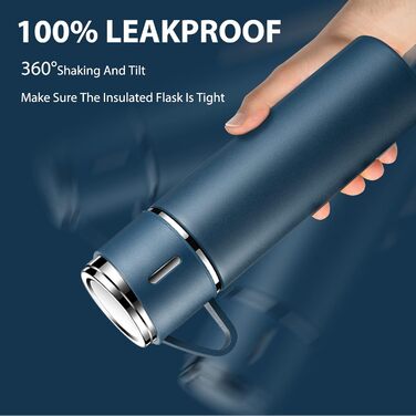 500ml Stainless Steel Thermos Flask with Cup and Handle - Leakproof Vacuum Insulated Travel Bottle for Kids, Sports (Black & Blue)