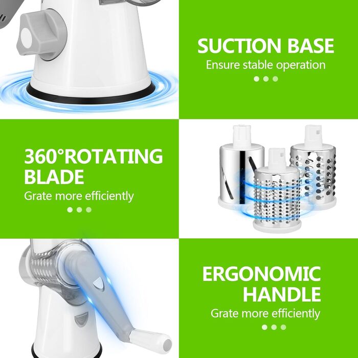 Механічна тертка для сиру та овочів Diealles Shine з ручкою, 3 змінні леза з нержавіючої сталі, для сиру, овочів, горіхів, кави, білий колір