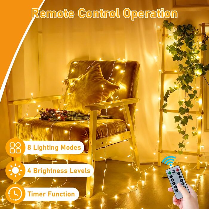 Ланцюжок прикрас світлодіодний, 30м, 300 LED, святкова гірлянда з таймером, 8 режимів, тепле біле світло, для декору кімнат, вечірок, балконів, ялинок, вологостійка