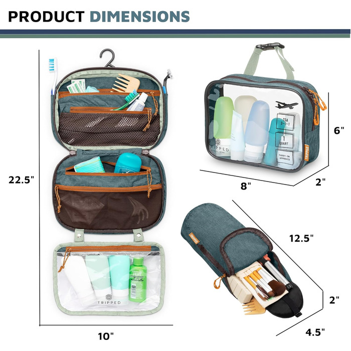 Набір туалетних сумок для подорожей: підвісна сумка + органайзер для косметики TSA + ультралегка сумка-організатор, білий рипстоп (зелений)