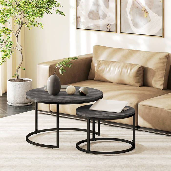 HOMCOM Round Coffee Table 2-Piece Set Stackable Side Table with Metal Frame, Living Room Table with Wood-Look Finish, Coffee Table for Living Room Bedroom Black | Aosom