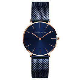 Годинник жіночий Hannah Martin, кварцовий, з нержавіючої сталі, водонепроникний, сітка, ультратонкий (блакитна поверхня, блакитний ремінець)