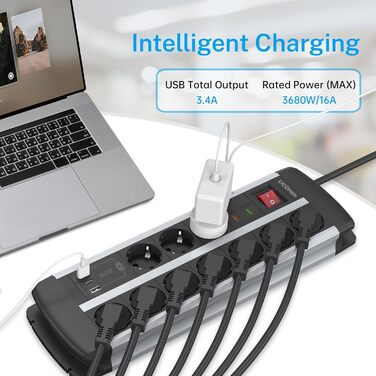 Многофункціональна мережева панель Ucomen з USB та захистом від перенапруги (3680W, 16A) для комп'ютерних столів, 10 розеток, 20W USB-A та USB-C зарядка, кабель 1.5м