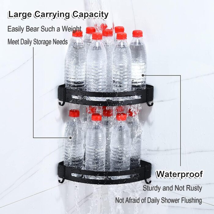 Поличка для душу без свердління, кутова поличка для ванної кімнати з алюмінію Space, трикутна корзина для душу з гачками, органайзер для шампуню, антикорозійна (2 шт., піскоструминне золото) (матова чорна)