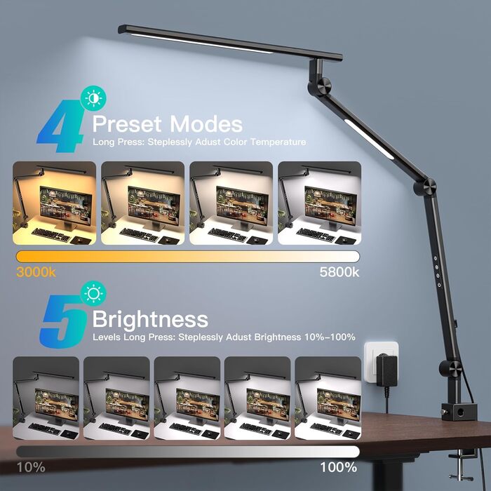 VERSKI LED Desk Lamp with Adjustable Brightness & Color Temperature - 18W Dual Light Source, Clamp-On, Eye Protection, Daylight Lamp for Home Office & Study