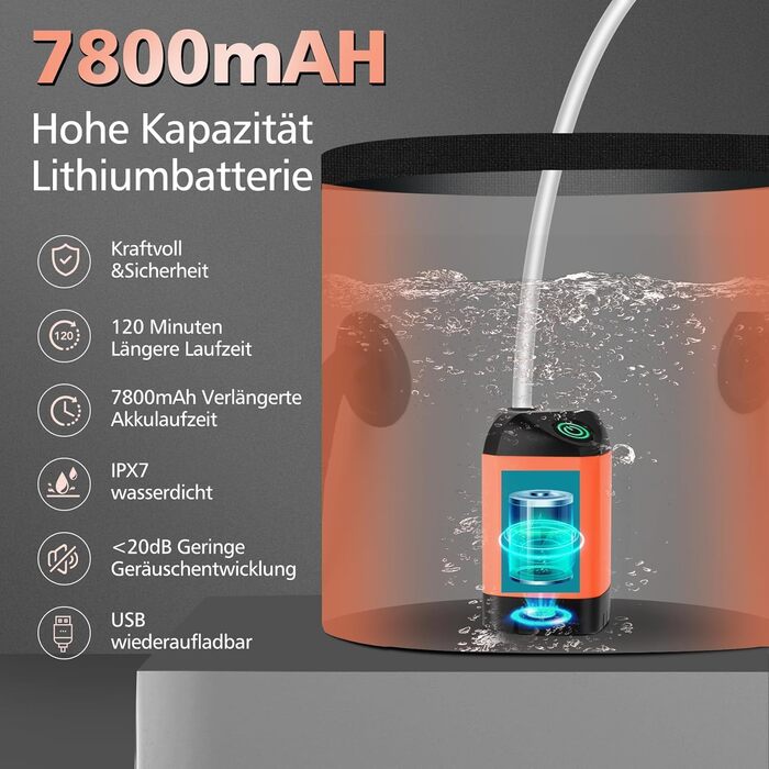 Портативний душ для кемпінгу Leise з акумулятором 7800mAh, USB-C, 3 режими, LED-дисплей, помаранчевий