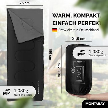 Montaray® Sleeping Bag with Hood -3°C - Outdoor Winter & Summer Sleeping Bag for Men & Women - 3-4 Season, Hut Sleeping Bag (75 x 220 cm)