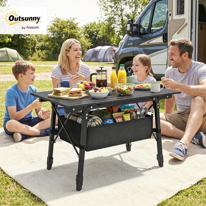 Складний алюмінієвий стіл для кемпінгу Outsunny з кошиком для зберігання, регульована висота, 90x55 см, чорний