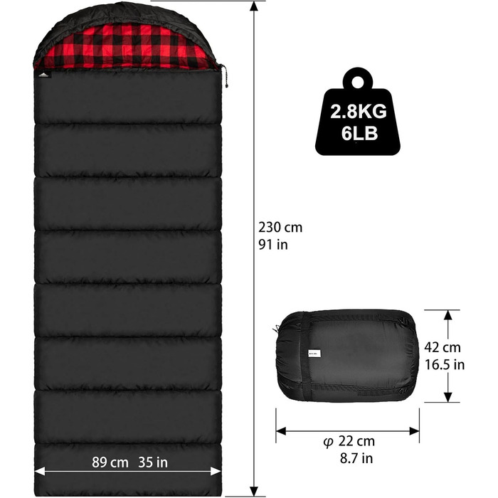Cotton Flannel Sleeping Bag for Adults - Camping, Hiking & Backpacking - Lightweight 3-4 Season Sleeping Bag (Black/Red)