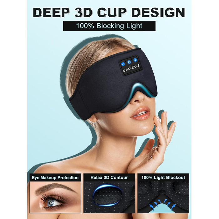 Маска для сну з навушниками Bluetooth V5.4, 3D маска для сну, дихаюча, для жінок та чоловіків, з мікрофоном, бавовняна, для подорожей, сну, йоги, медитації (чорна)